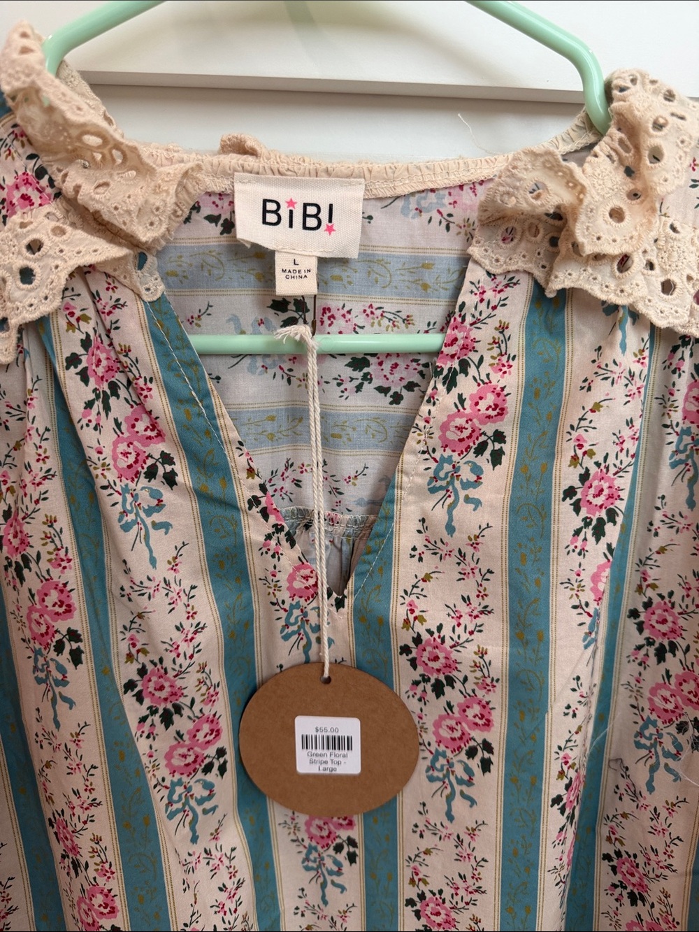 BiBi Cream Blouse with Teal Stripes and Pink Floral Print - Picture 2 of 3